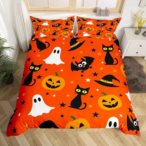 Vista 13 de Feelyou Juego de ropa de cama para niños, gatos negros, tamaño individual, funda de edredón de linterna de calabaza de Halloween para niños y niñas