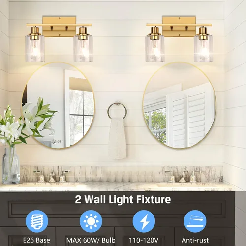 Vista 4 de ShineTech 2 luces de tocador doradas para baño, iluminación de pared moderna con vidrio transparente, luz de aplique de latón cepillado para espejo