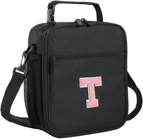 Vista 90 de ELEFOCUS Lonchera aislada con inicial para mujeres y hombres, bolsa de almuerzo personalizada con monograma con correa de hombro ajustable