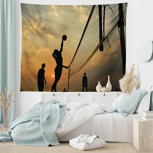 Vista 6 de Lunarable Tapiz de voleibol, deportes de playa al atardecer, red de cielo abierto y actividades de pelota, diversión y juegos, decoración de tela