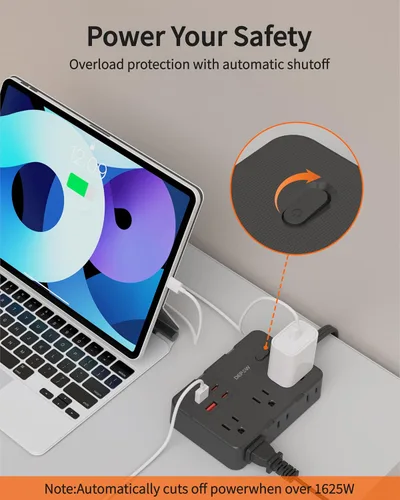 Vista 6 de DEPOW Regleta protectora de sobretensiones, cable de extensión de 3 pies con 6 salidas de CA, 4 puertos USB, protección contra sobretensiones 1050J