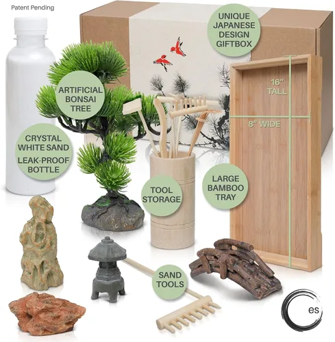 Vista 4 de ENSO - Jardín zen japonés para escritorio, extra grande de 16 x 8 pulgadas, mini jardín zen de escritorio con arena blanca, árbol bonsái artificial
