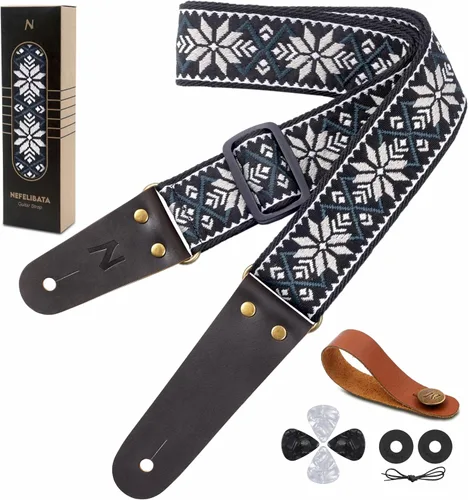 Vista 12 de Nefelibata Correa de guitarra, correas de guitarra de algodón bordadas con extremos de cuero de vaca para bajo, guitarras eléctricas y acústicas