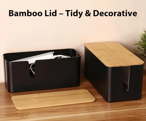 Vista 2 de ZhiYo Caja Organizadora de Cables con Tapa de Bambú, Caja de Gestión de Cables ABS Segura para TV y Computadora, Cubierta de Madera Ocultador