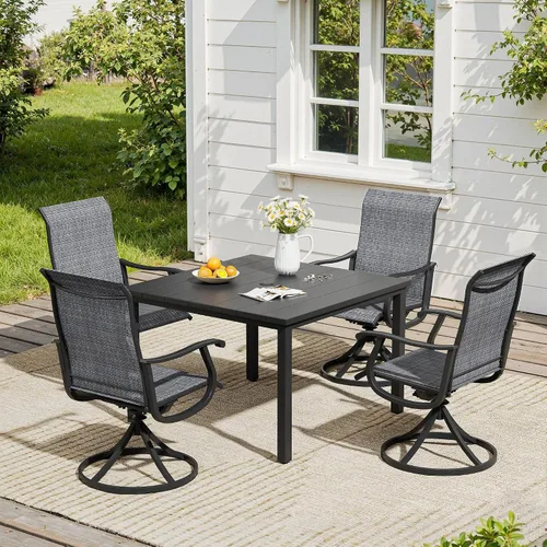 Vista 9 de VICLLAX Muebles pequeños de exterior de 3 piezas, 2 sillas giratorias de patio y mesa redonda pequeña para 2, sillas de carbón oscuro y negro