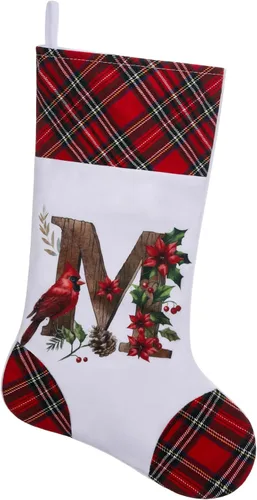 Vista 16 de Medias de Navidad personalizadas de 20 pulgadas, diseño cardenal, medias con monograma inicial para decoración colgante de chimenea, familia, letra A