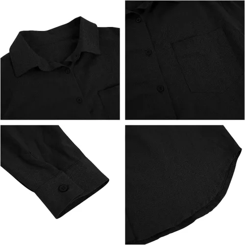 Vista 4 de Runcati Camisa de manga larga con cuello en V y botones para mujer, blusa casual de lino y algodón, ajuste holgado