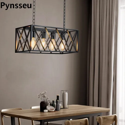 Vista 4 de Pynsseu - Lámpara colgante de isla de cocina industrial, rectangular, estilo clásico rústico, lámpara colgante de 4 luces, para cocinas de casa