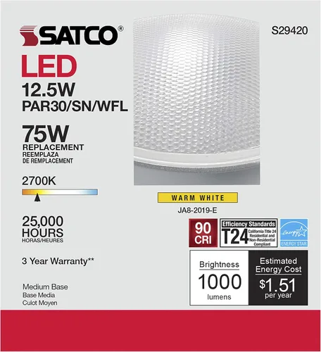 Vista 7 de SATCO S29420 - Bombilla LED reflectora PAR30SN de 12.5 W y 120 voltios; 2700 K; 1000 lúmenes; ángulo de haz de 60 grados; base media E26; regulable