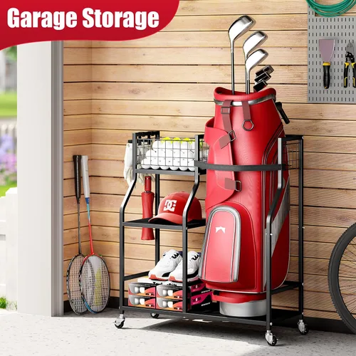 Vista 8 de TOOLF Organizador de bolsas de golf, almacenamiento para palos de golf con ruedas, soporte de metal resistente para bolsa de golf para el hogar