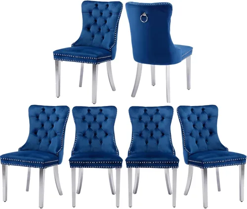 Vista 22 de Juego de 2 sillas de comedor de terciopelo, sillas de comedor tapizadas con tirador de anillo trasero, ribete de cabeza de clavo y patas doradas