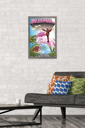 Vista 2 de Marvel Comics Deadpool - Póster de pared de unicornio, 22.4 pulgadas de largo x 14.7 pulgadas de ancho, versión enmarcada de madera de granero