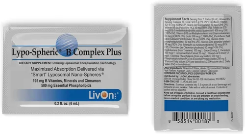 Vista 7 de LivOn Laboratories Lypo-Spheric B Complex Plus - 30 paquetes - 195 mg de vitaminas B, minerales y canela por paquete - Liposoma encapsulado para una