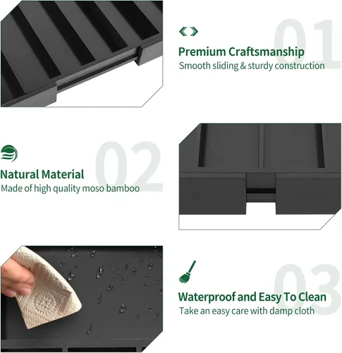 Vista 8 de Utoplike Organizador de cajones de cubiertos de bambú, organizador de cajones de utensilios de cocina expandibles, separadores de bandeja de Negro