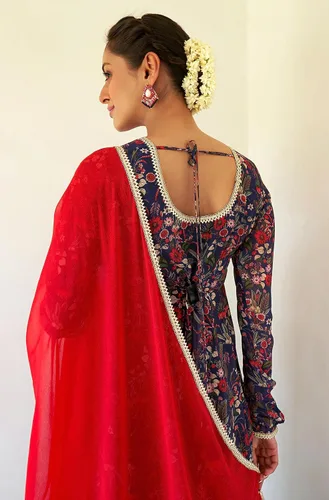 Vista 7 de Janasya Kurta con estampado floral digital Georgette azul oscuro para mujer con Palazzo y Dupatta