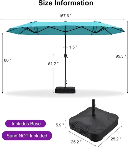 Vista 128 de PURPLE LEAF - Sombrilla de mercado de patio de 13 pies con base rectangular doble cara, sombrilla de mesa para exteriores con manivela, 12 varillas