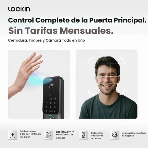Vista 2 de Lockin Veno Plus, cerradura inteligente todo en uno para puerta delantera, baterías duales