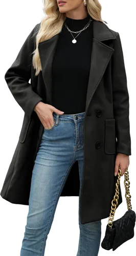 Vista 16 de Bankeng Chaqueta de solapa de doble botonadura con muesca para mujer, mezcla de lana de camello Verde Armada (ArmyGreen)