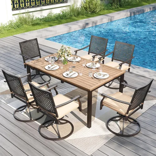 Vista 30 de PHI VILLA Juego de comedor al aire libre de 5 piezas para 4, sillas apilables con cojines y mesa cuadrada de madera de 37 pulgadas con agujero