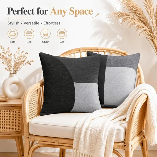 Vista 6 de Juego de 4 fundas de almohada geométricas abstractas de 18 x 18 pulgadas, color negro y gris, fundas cuadradas decorativas para sofá Abstracto 2