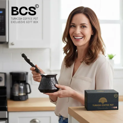 Vista 5 de BCS Cezve Briki Ibrik - Cafetera de cobre grande de 18 onzas con mango de madera (6 porciones), cafetera para estufa Cezve Briki Ibrik