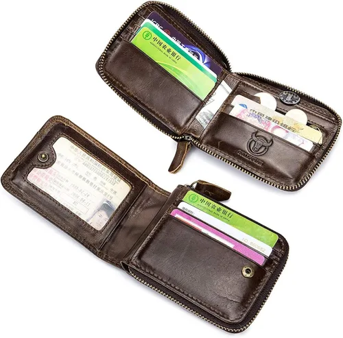 Vista 6 de Cuero auténtico hombres billetera cremallera RFID bloqueo vintage billeteras billeteras billeteras