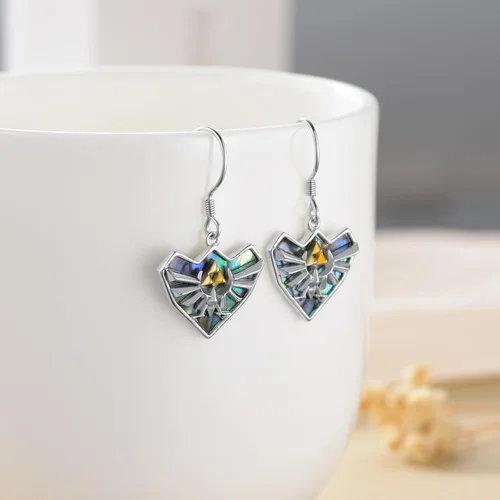 Vista 3 de YFN Zelda - Aretes colgantes de plata de ley con diseño de triforce Zelda, con temática de abulón, joyería Zelda para mujeres, hombres y niñas