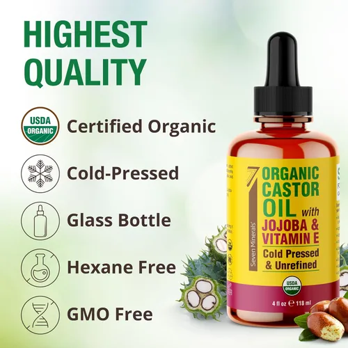 Vista 3 de Seven Minerals Aceite de ricino orgánico con jojoba y vitamina E para pestañas, cejas, cara y crecimiento del cabello, botella de vidrio, prensado