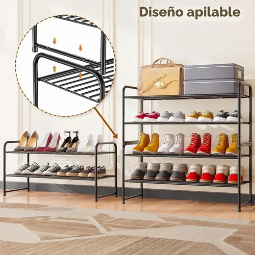 Vista 5 de Zapatero estándar de 2 niveles de 32.5 pulgadas de ancho, organizador de zapatos independiente para interiores y exteriores, estante de metal Negro