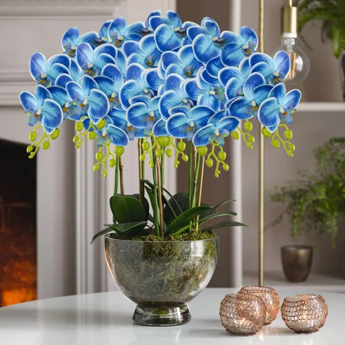 Vista 4 de Orquídeas azules de 30 pulgadas, flores artificiales de tacto real Phalaenopsis en aerosol, tallos de orquídeas artificiales falsas, arreglo alto