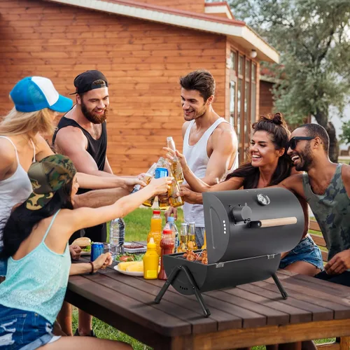 Vista 2 de Parrilla de carbón portátil para barbacoa al aire libre con termómetro