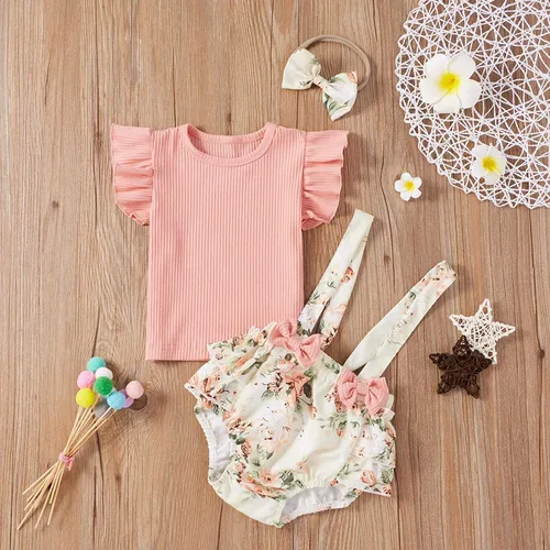 Vista 2 de CIYCUIT Ropa de verano para niña recién nacida camiseta acanalada con volantes florales pantalones cortos con tirantes trajes de diadema
