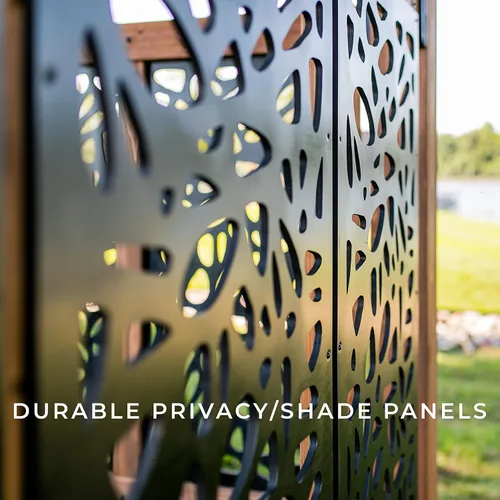 Vista 4 de Pérgola de cabana de Backyard Discovery en estilo Toscana con paneles de privacidad de guijarro y asientos para charlar en pómez