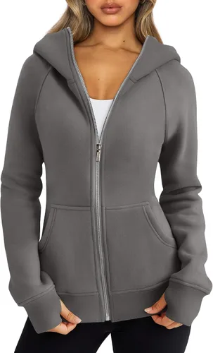 Vista 23 de Trendy Queen Sudaderas con capucha y cremallera para mujer, chaquetas de vellón, talla extragrande, moda de otoño e invierno