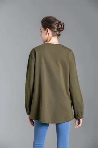 Vista 4 de Minibee Sudadera de gran tamaño con cuello redondo y manga larga de algodón con bolsillos para mujer