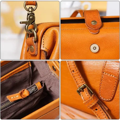 Vista 4 de Bolso médico de cuero vintage hecho a mano Bolso cruzado pequeño retro para mujer, bolso de teléfono con apertura única
