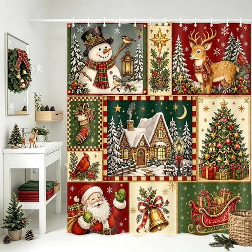 Vista 14 de Merry Christmas Tree Ornaments Waterproof Shower Curtain Set with Hooks Navidad