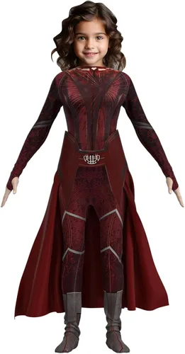 Vista 2 de Disfraz de bruja para niñas, overol rojo con tocado, disfraz de Halloween para niñas