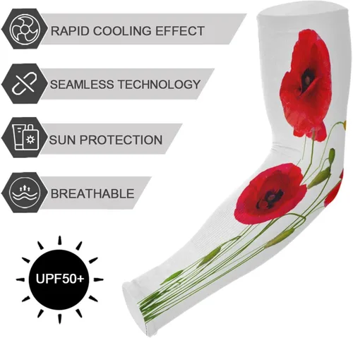 Vista 5 de Summer Poppy Flower Cooling Arm Sleeves for Men Women UV Sun Protection Work Sports Arm Sleeves with Thumb Hole for Football Running Golf