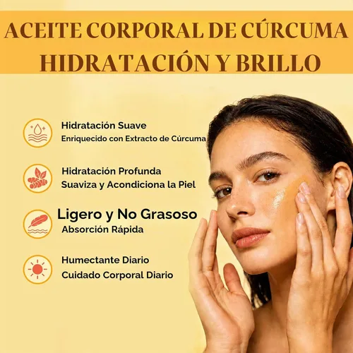 Vista 2 de Aceite corporal de cúrcuma de 6.8 fl oz para masaje e hidratación diaria, hidratación profunda con vitamina E, colágeno, aceite de cúrcuma para cara