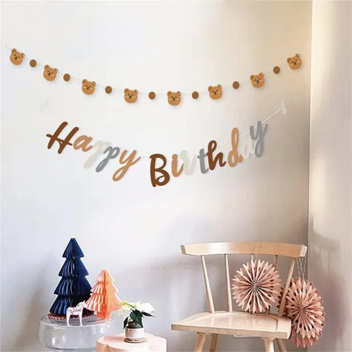 Vista 2 de Cartel de feliz cumpleaños con tema de oso con lindo cartel de oso, decoración de banderines para fiesta de cumpleaños, suministros para fiesta