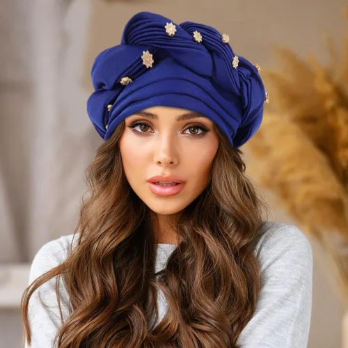 Vista 3 de Woeoe Turbante africano para mujer, gorro trenzado previamente atado, con diamantes de imitación, turbantes suaves y elásticos para la cabeza