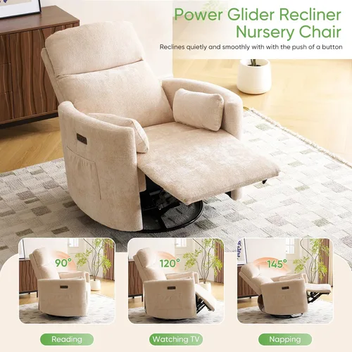 Vista 3 de Sillón reclinable eléctrico de gran tamaño con masaje y calor, sillón reclinable giratorio con reposacabezas ajustable, silla reclinable planeadora