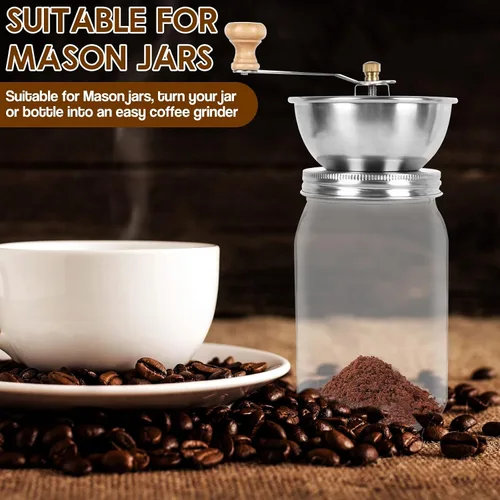 Vista 3 de Molinillo de café con mango de manivela, accesorio de tapa manual para tarros Mason de boca ancha, molinillo de granos de café a mano, molinillo