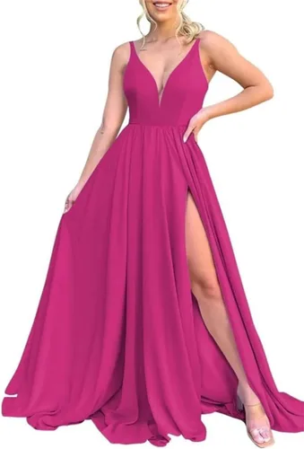 Vista 6 de Vestidos largos de dama de honor para mujer, con abertura, cuello en V, vestido de fiesta formal para boda