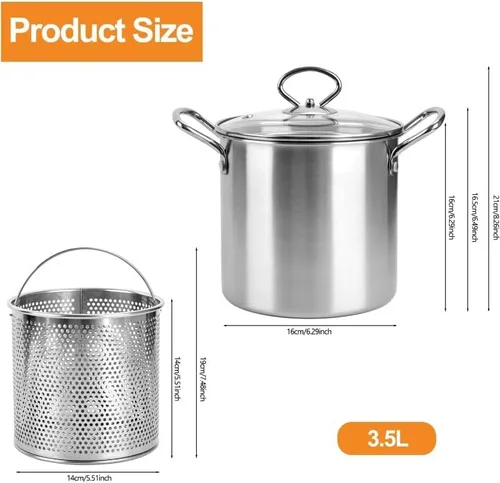 Vista 3 de Olla de freidora profunda de 3.5L con escurridor de aceite, olla de acero inoxidable con tapa y cesta, olla redonda para cocina, restaurante