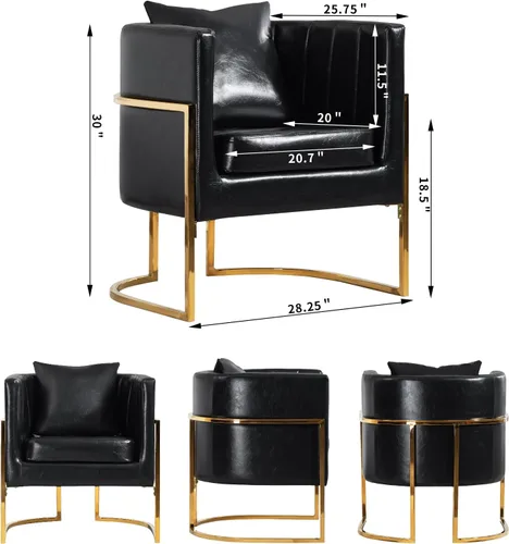 Vista 2 de Silla moderna de cuero, sillón tapizado de mediados de siglo con almohada para sala de estar, cómoda silla de tocador individual con patas doradas