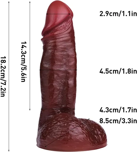Vista 3 de Consolador realista de silicona suave de 7.2 pulgadas con ventosa fuerte, consolador anal de punto G marrón oscuro realista de gran