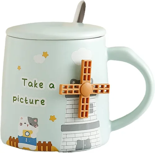 Vista 6 de Taza de globo de aire caliente con tapa, cuchara para niños, taza de leche de dibujos animados, taza 3D, taza de café de cerámica, taza de té