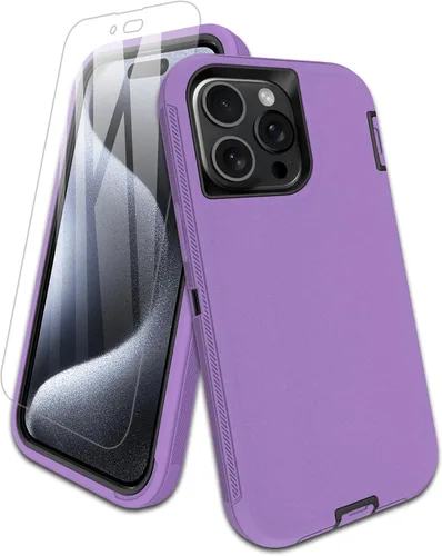 Vista 10 de Funda para iPhone 15 Pro con protector de pantalla de vidrio templado, protección contra caídas de 16 pies, con cubierta de puerto a prueba